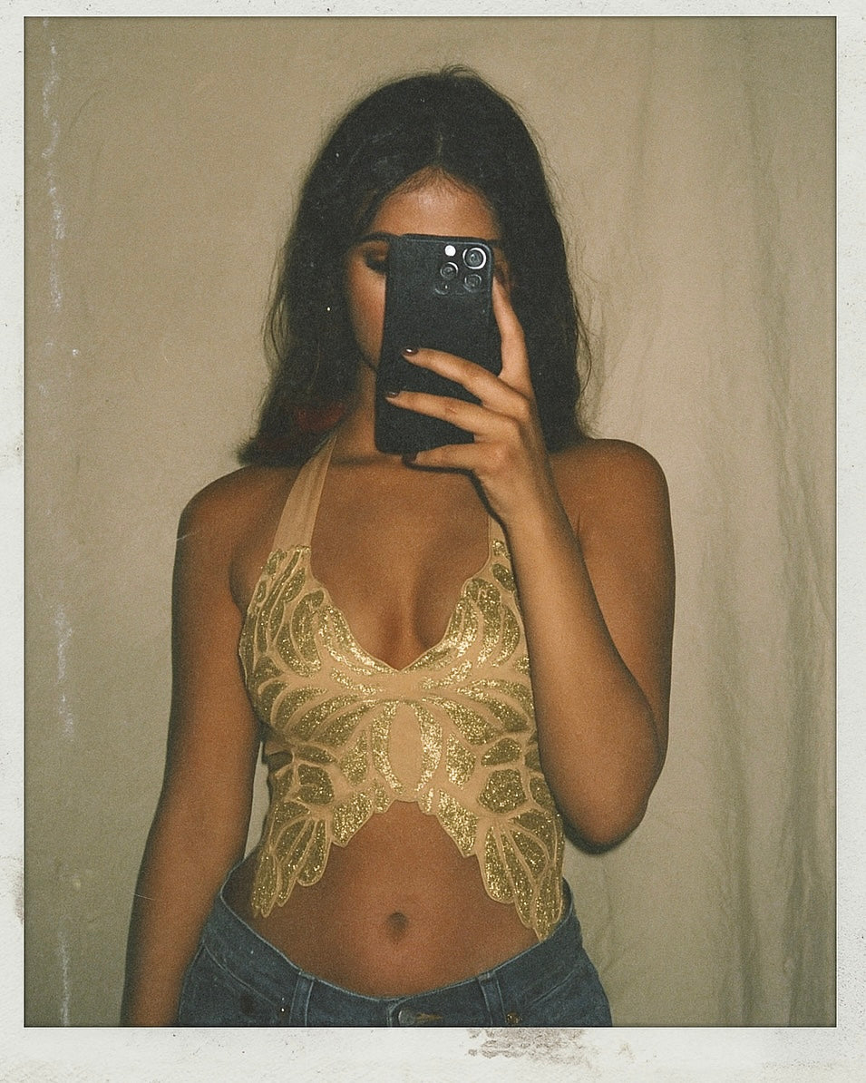 MOODY ANGEL SHIMMER TIE-BACK HALTERNECK TOP