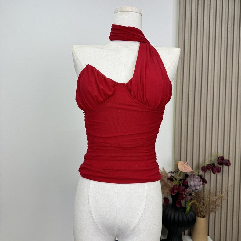 STARRY NIGHT LUXE MESH BONING ATTACHED SCARF RED BUSTIER TOP