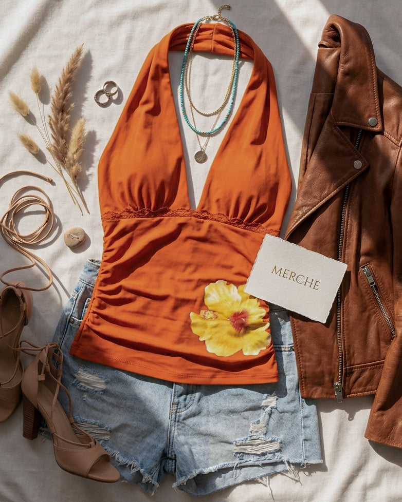 SUNBURN AND WAVES TANGERINE HALTERNECK TOP