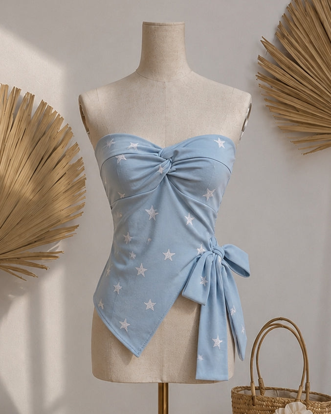WRITTEN IN THE STARS PADDED TWISTED TIE-UP BLUE BANDEAU TOP