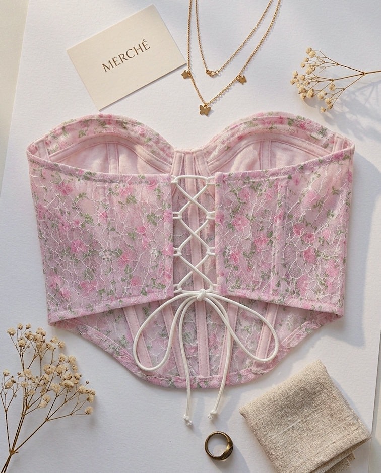 ROMAN HOLIDAY FLORAL BONING DETAIL SOFT PINK CORSET