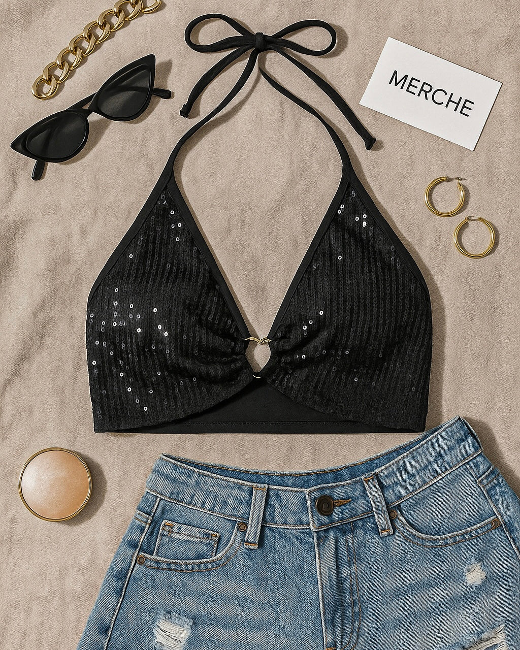 FLASHLIGHTS SEQUIN HALTERNECK BIKINI BLACK TOP