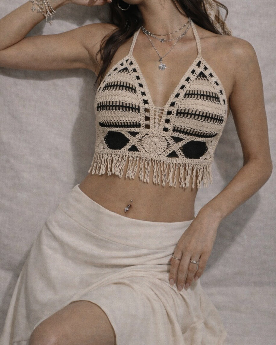 FORTUNE COOKIE CROCHET PADDED FRINGE TOP