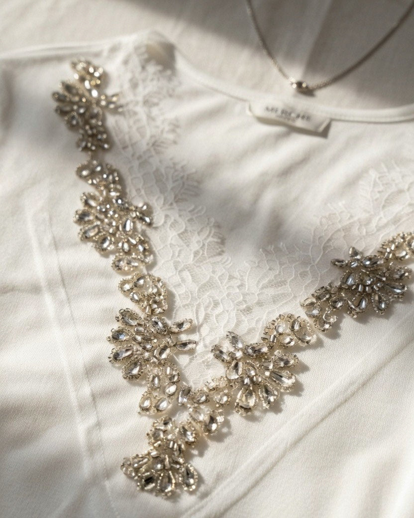 FROM A ROMCOM RHINESTONE EMBELLISHED WHITE LUXE TOP