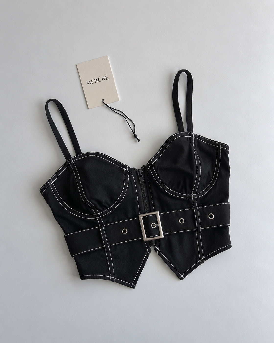 LEAVING TONIGHT CONTRAST STITCH BELTED CORSET TOP