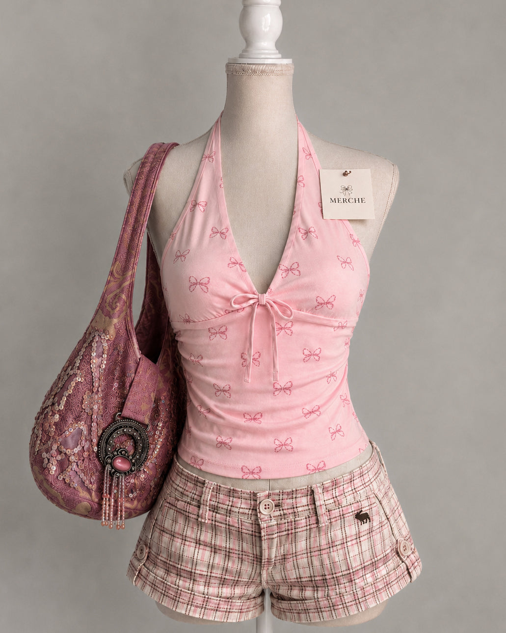 UNICORNS EXIST CHICA BOW DETAIL SUMMER PINK HALTERNECK TOP
