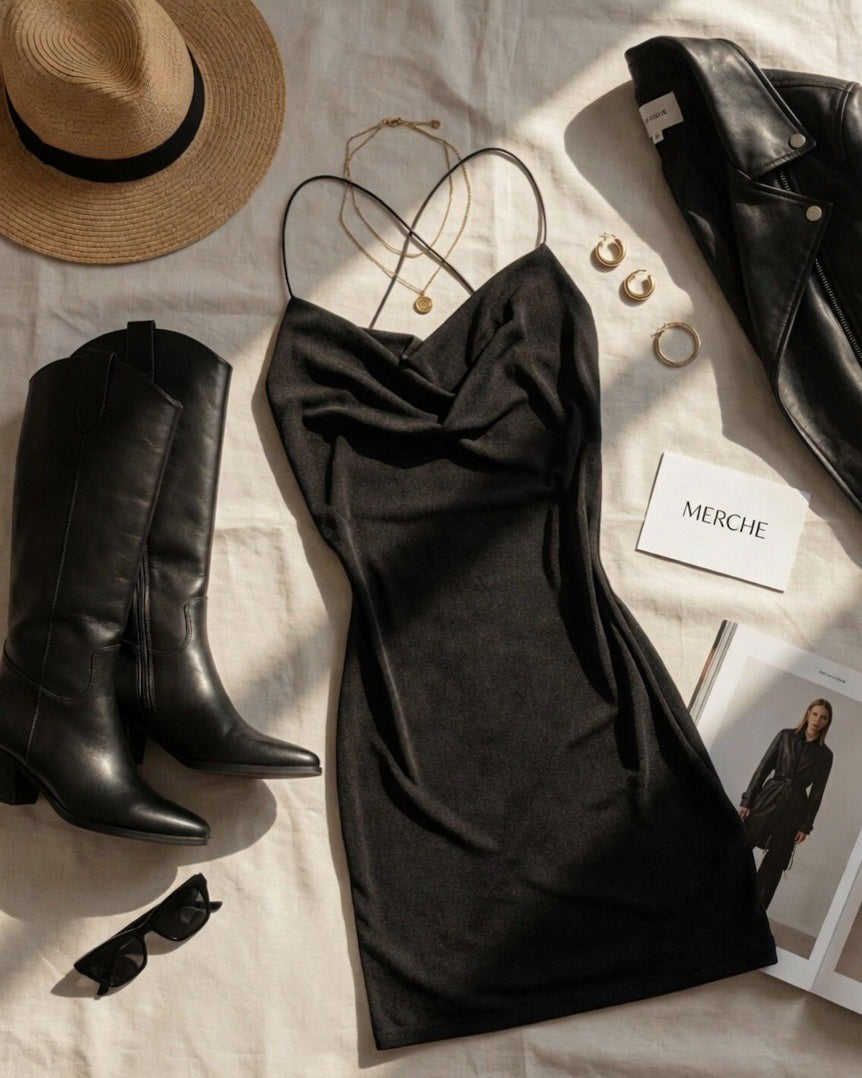 MUSIC VIDEO DRAPE CROSSBACK BLACK DRESS