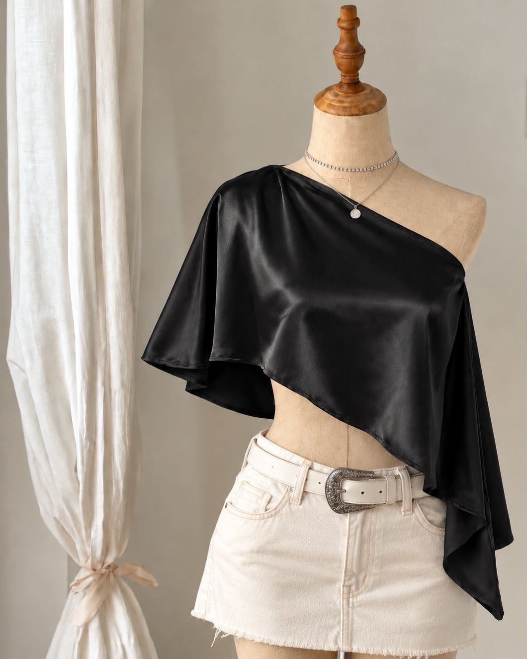 DRAPE ASSIGNMENT LUXE SATIN OFF-SHOULDER CAPE TOP