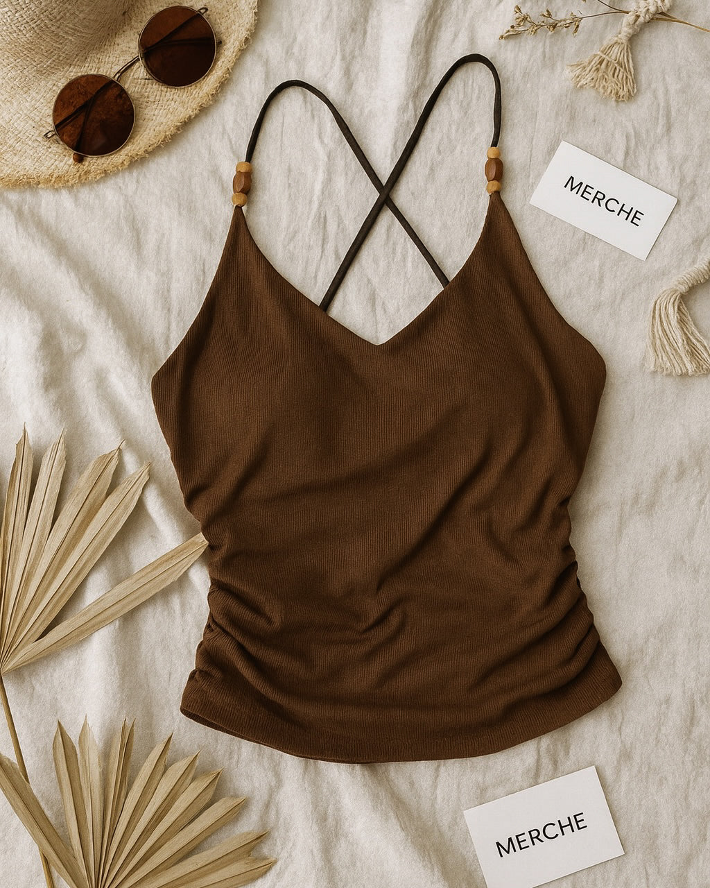 JUST WANNA CHILL BEADED CROSSBACK BROWN TOP