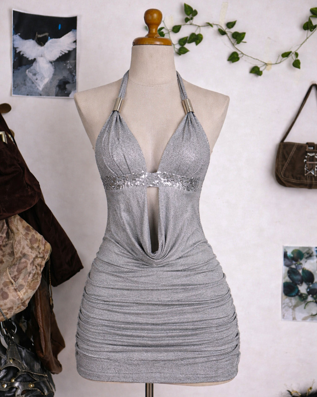 SHE’S A LEGEND SEQUIN DETAIL GREY BACKLESS HALTERNECK DRESS