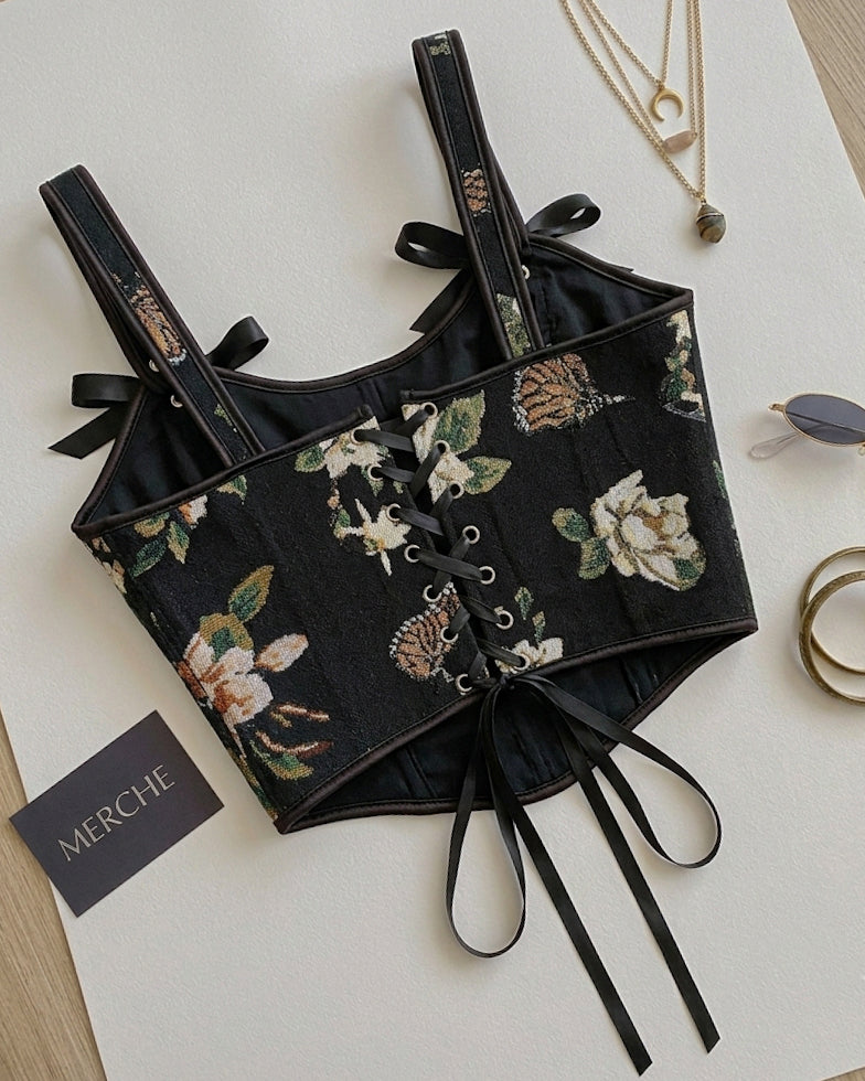 SHE BELONGS IN A MOVIE FLORAL JACQUARD BLACK CORSET