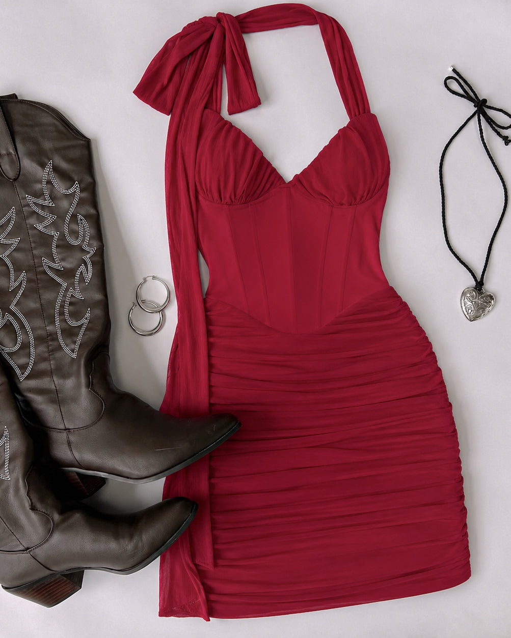 MOVIE STAR MESH DETAIL CORSETED RED HALTERNECK DRESS
