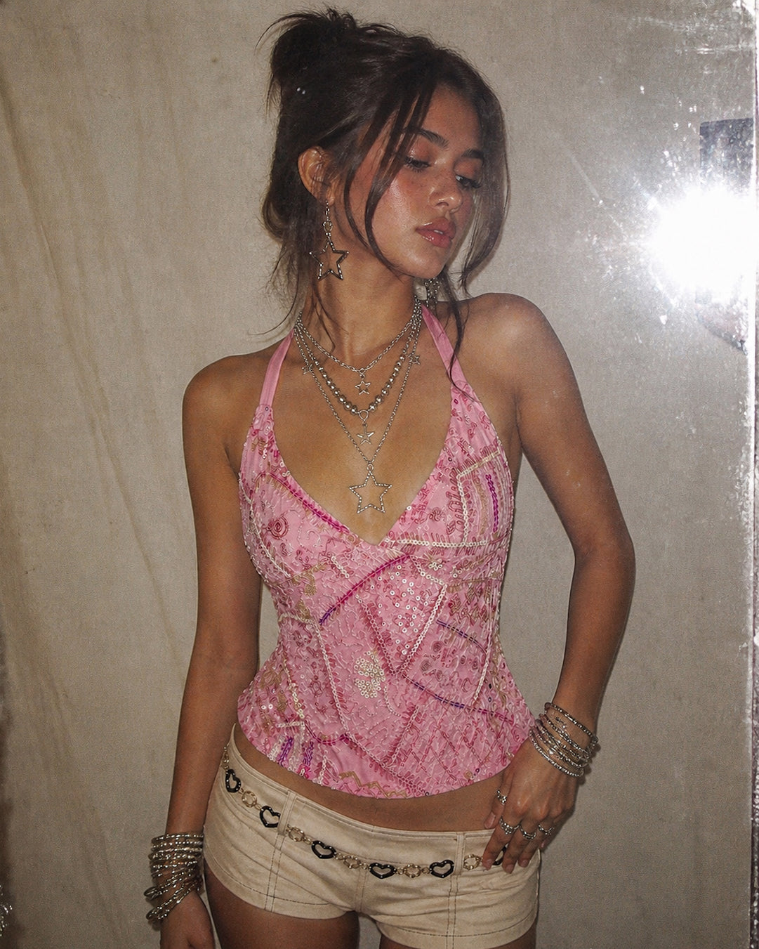 POP PRINCESS EMBROIDERED PINK BACKLESS TOP