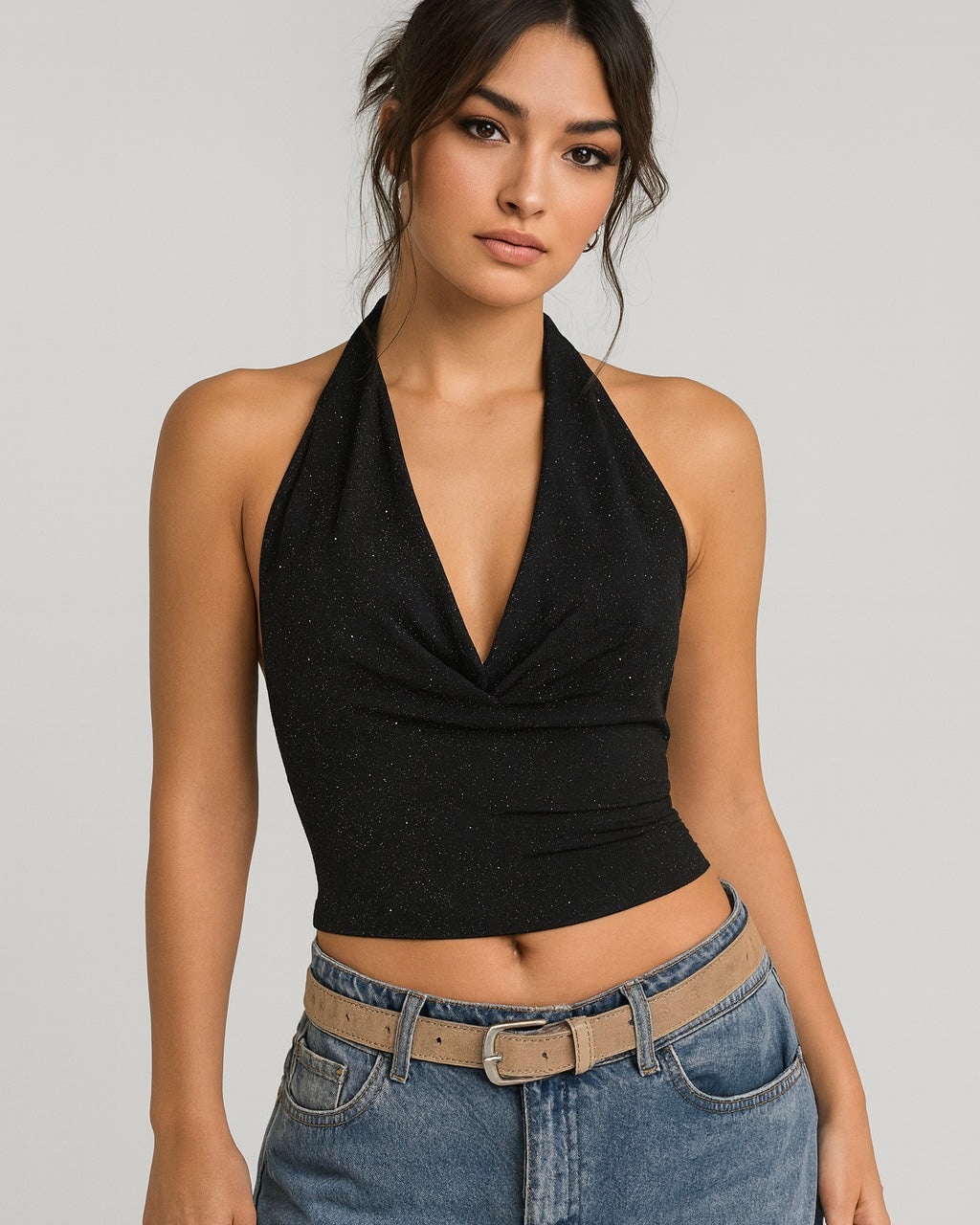 RUM AND COKE SHIMMER HALTERNECK TOP