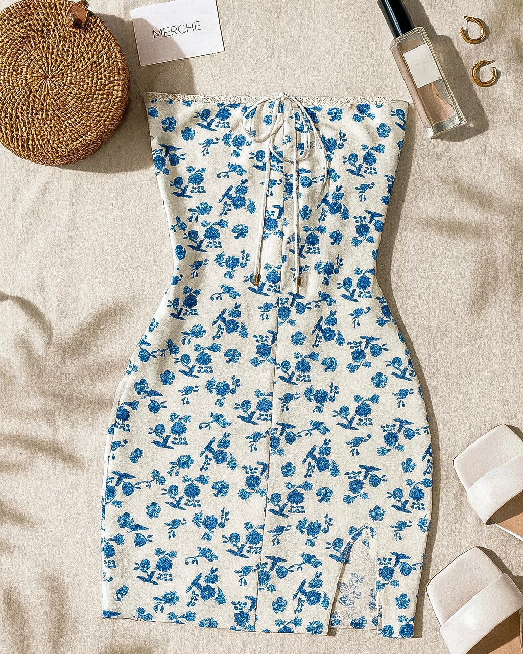 CALL YOU MINE BLUE DITSY SIDE SLIT MINI DRESS