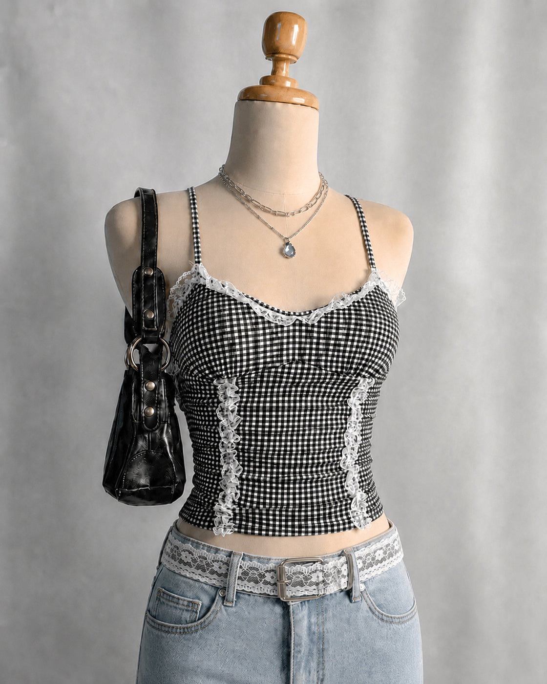 HIGH TEA GINGHAM LACEY CAMI TOP