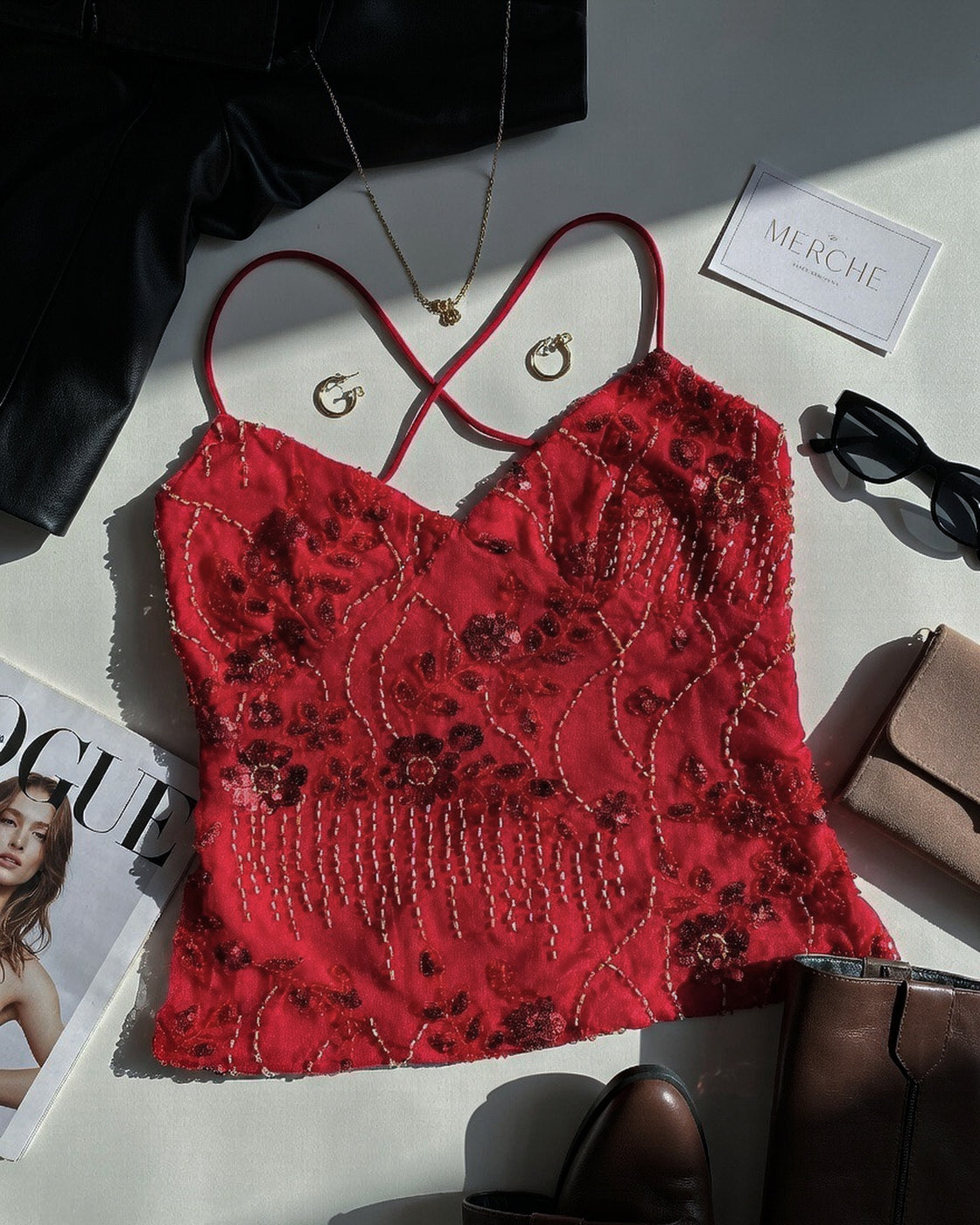 SHOTS ON ME EMBROIDERED DEEP RED CROSSBACK TOP