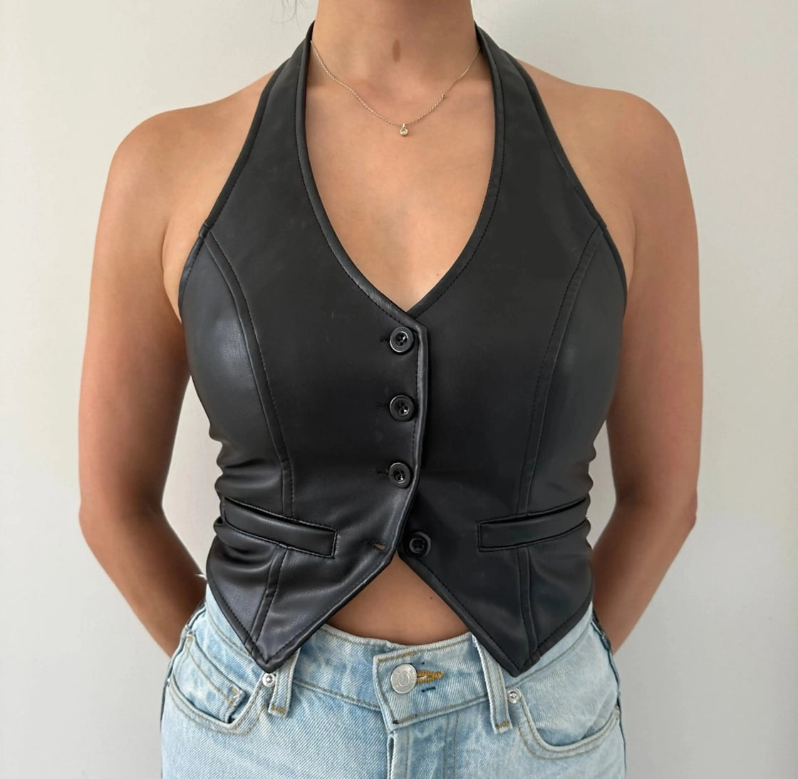 TAKE THE SHOT FAUX LEATHER HALTERNECK TOP