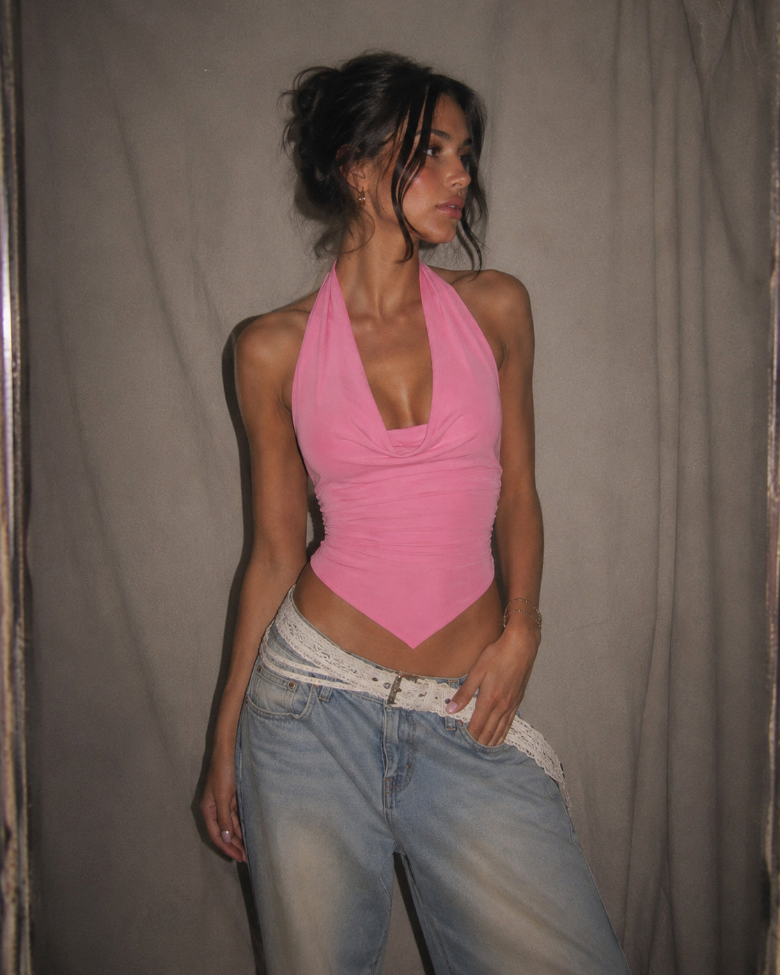 INSTANT KARMA DRAPED ASYMMETRICAL BACKLESS BLUSH PINK TOP