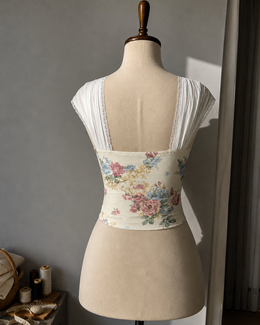 KISS THE RING MESH PLEATED CORSETED FLORAL TOP