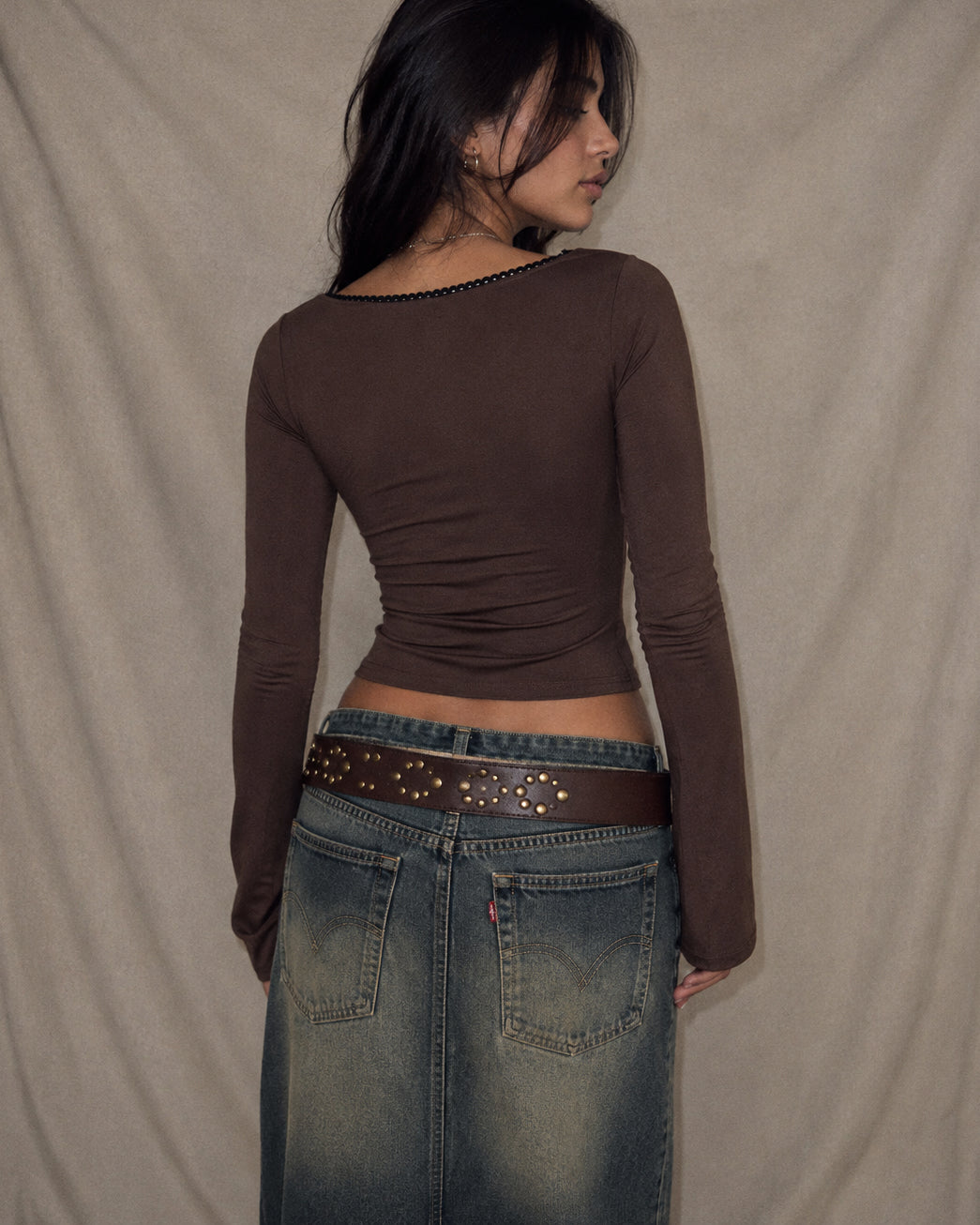CHERRY COLA LACE TRIM BROWN TOP