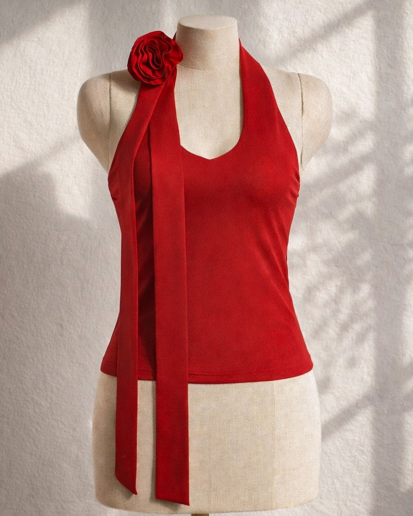 STAYCATION LIFE ROSE APPLIQUE LUXE RED HALTERNECK TOP