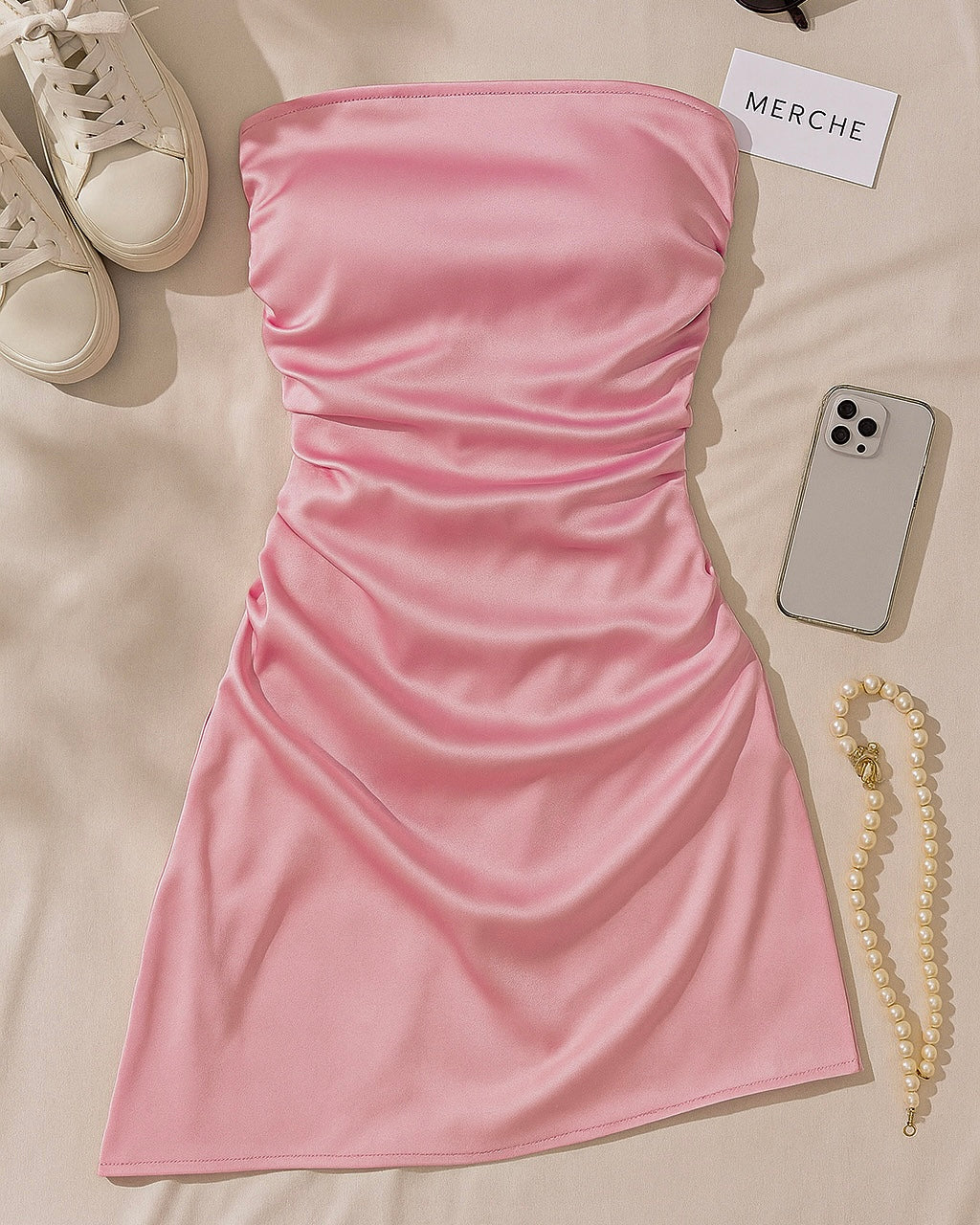 ROYAL ROMANCE PINK SATIN BANDEAU DRESS
