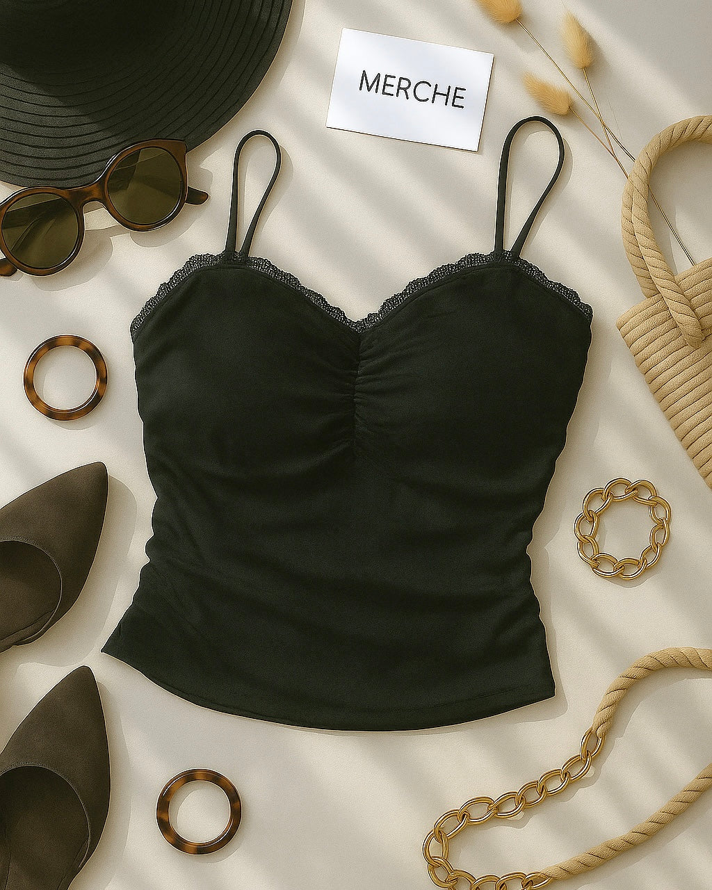 SPRING CALLS PADDED BLACK MESH CAMI TOP
