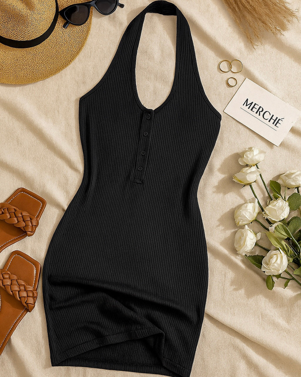 DEVIL MAY CARE RIBBED BLACK HALTERNECK DRESS