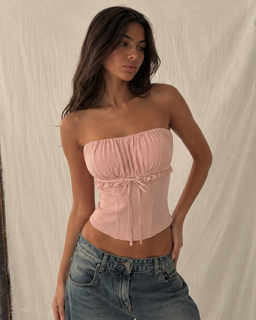 NOT YOUR BABY PEACH PADDED LUXE MESH AND RIBBED BANDEAU TOP