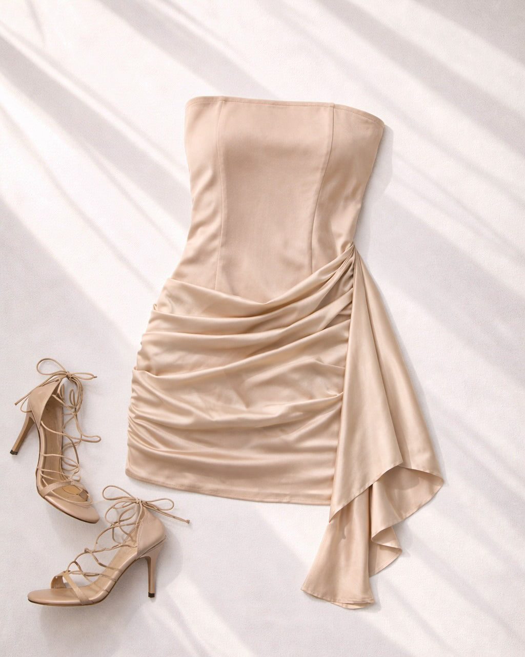 MAKING MEMORIES SATIN DRAPE CHAMPAGNE BEIGE DRESS