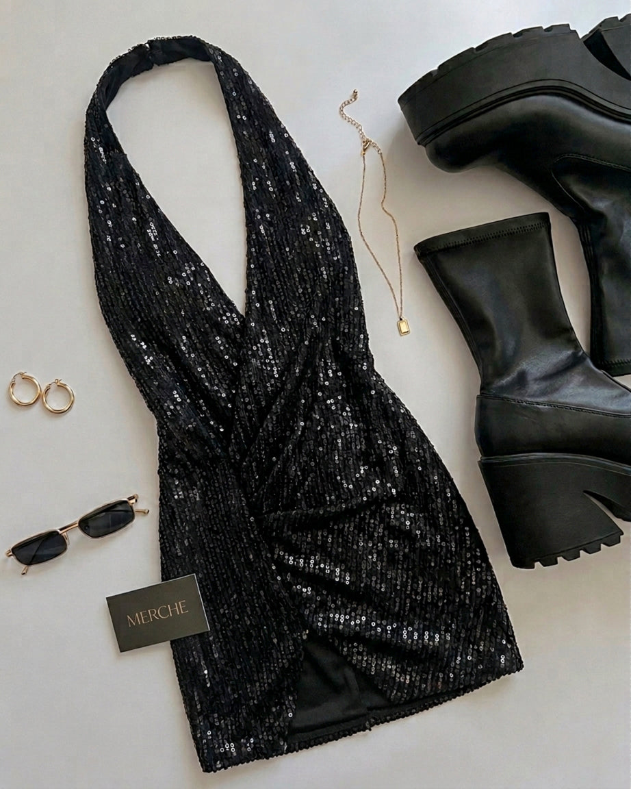 LOST IN YOUR EYES SEQUIN EMBELLISHED HALTETNECK DRESS