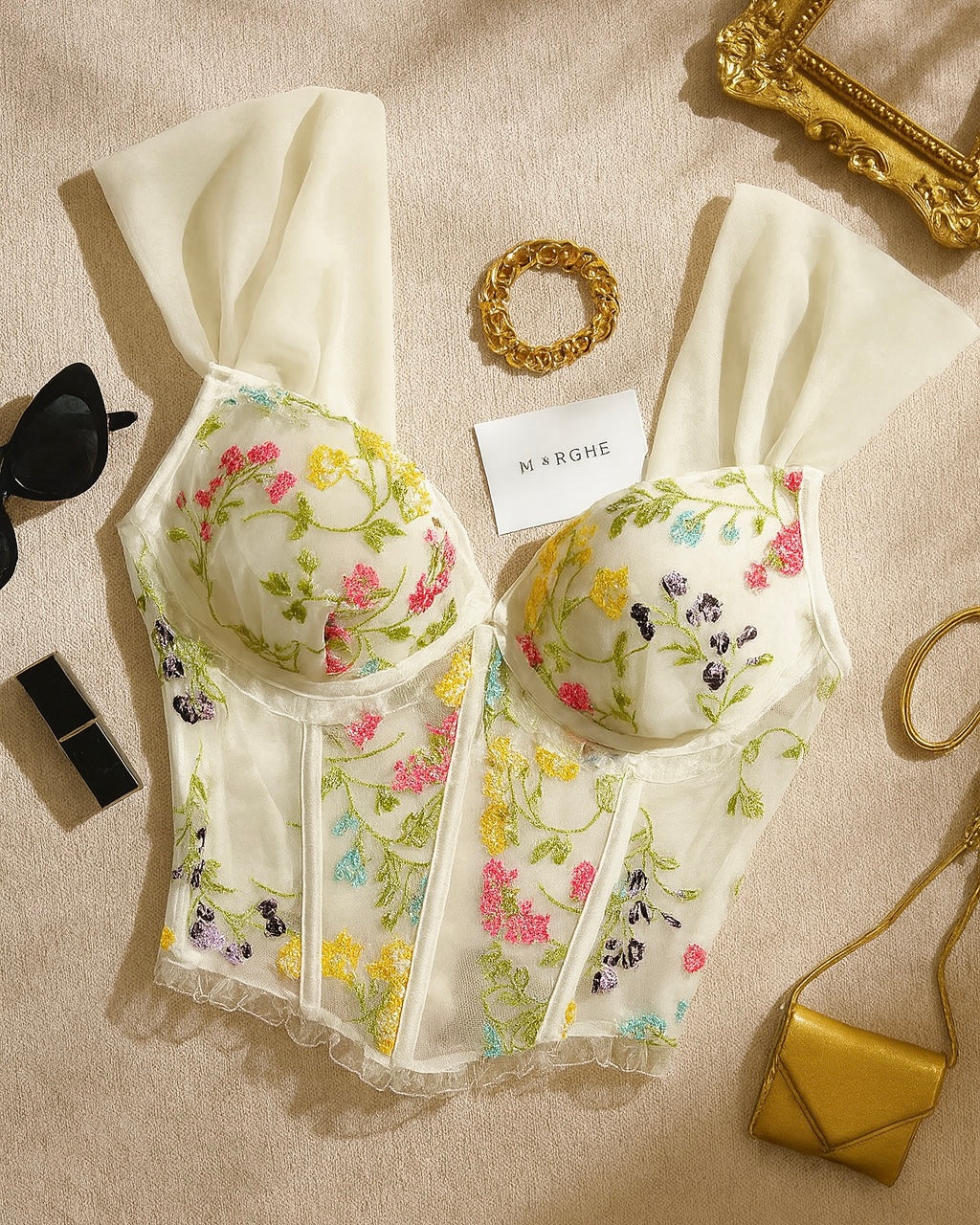 MORE MASCARA EMBROIDERED WHITE PADDED TOP