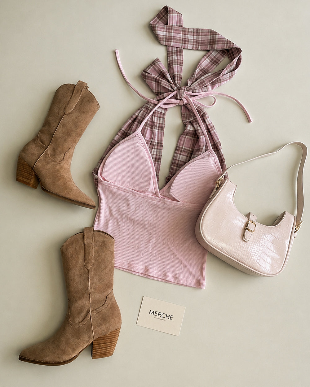 PLAID YOUR CARD PADDED PINK COWL BOW-TIE HALTERNECK TOP