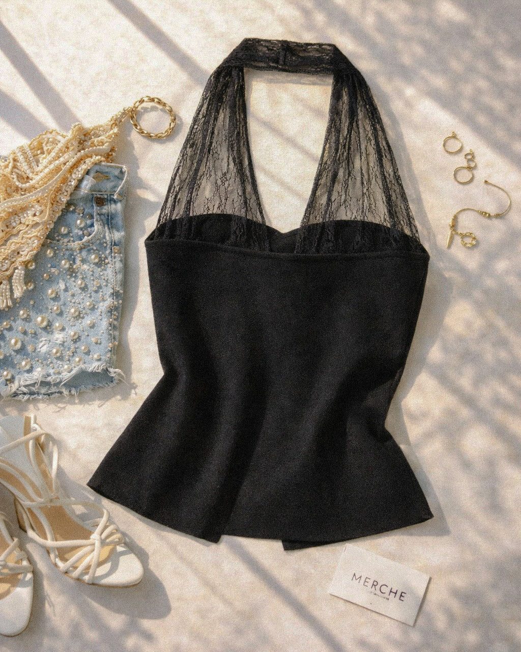 HIDDEN AGENDA LACE DETAIL KNITTED LUXE HALTERNECK BLACK TOP