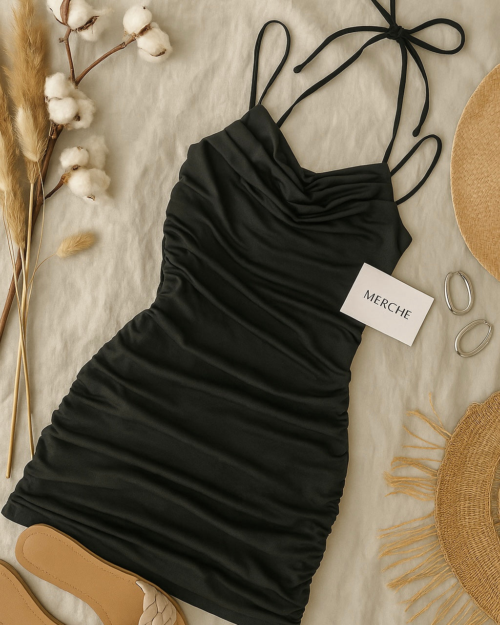 SO FLY RUCHED BLACK HALTERNECK DRESS