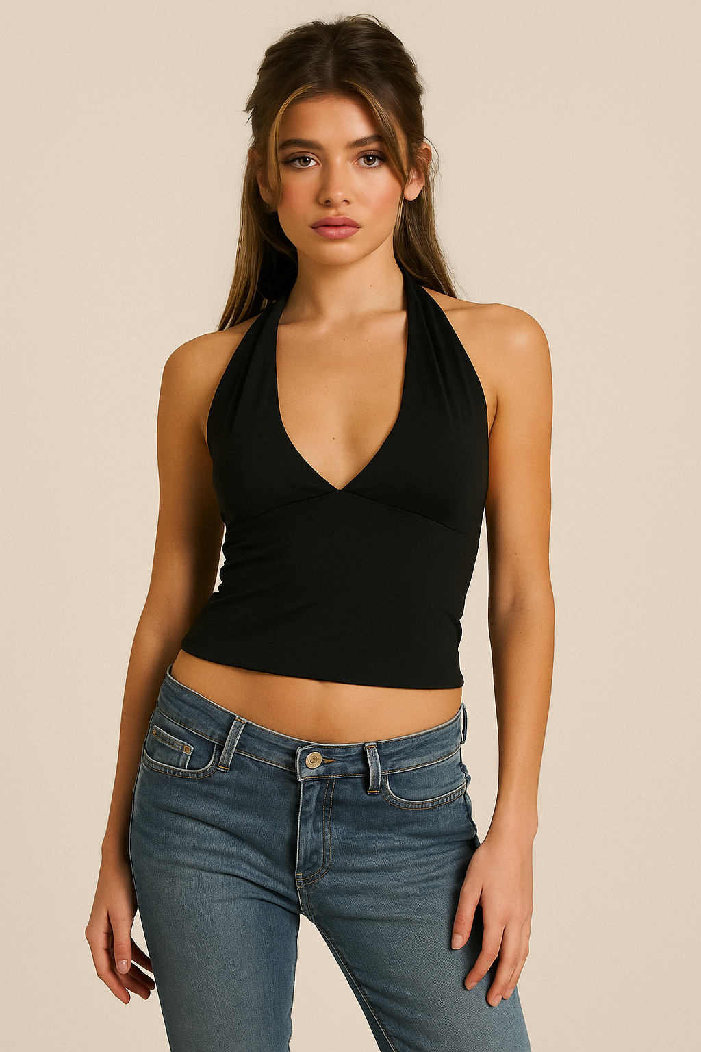 TIME TRAVEL BLACK HALTERNECK TOP