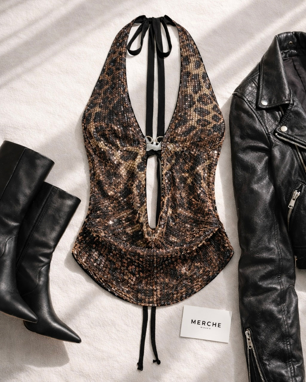 WORTH IT LUXE SEQUIN AND DIAMOND BROOCH EMBELLISHED BACKLESS TOP