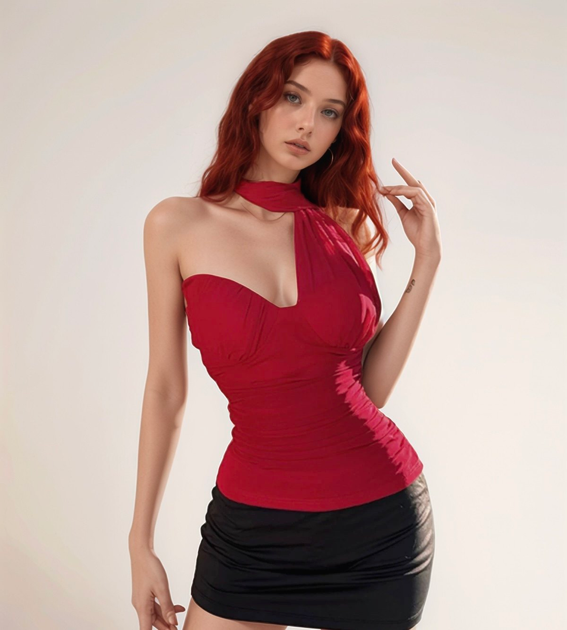 STARRY NIGHT LUXE MESH BONING ATTACHED SCARF RED BUSTIER TOP