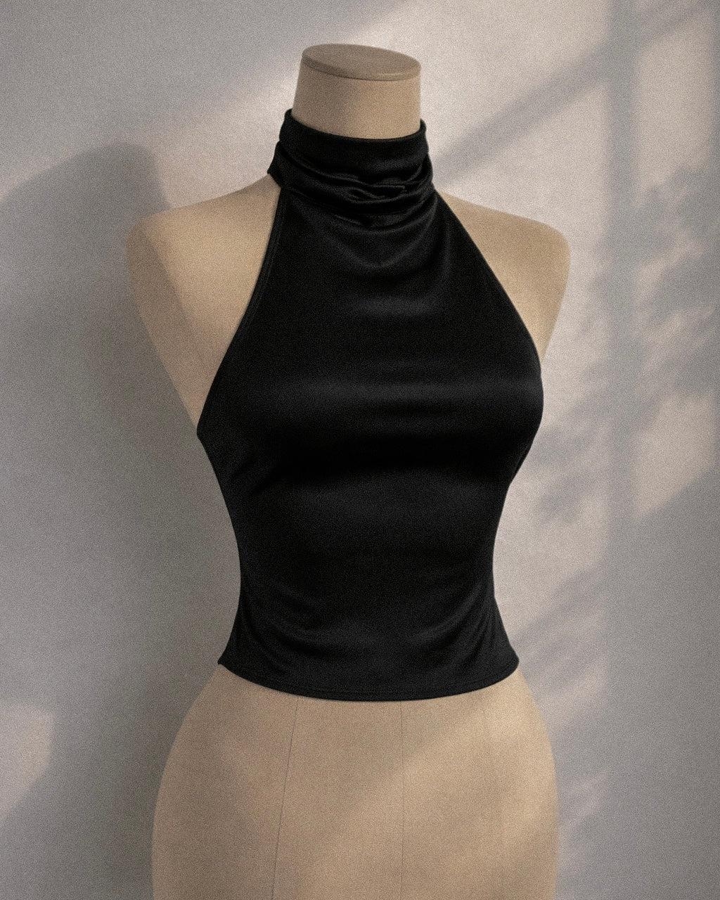 WHISPER NOTES BLACK BACKLESS COWL LUXE SATIN TOP