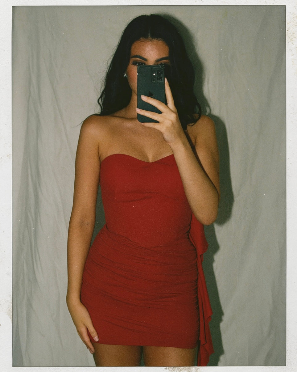 A WINTER TALE RED LUXE RUFFLE BANDEAU DRESS
