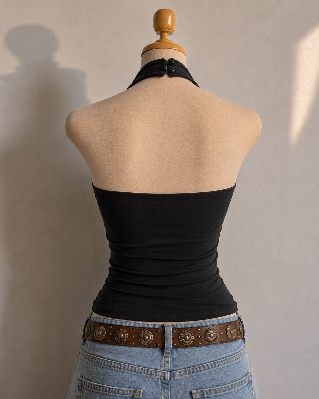 BROWNIE POINTS PADDED METAL DETAIL RUCHED BLACK HALTERNECK TOP