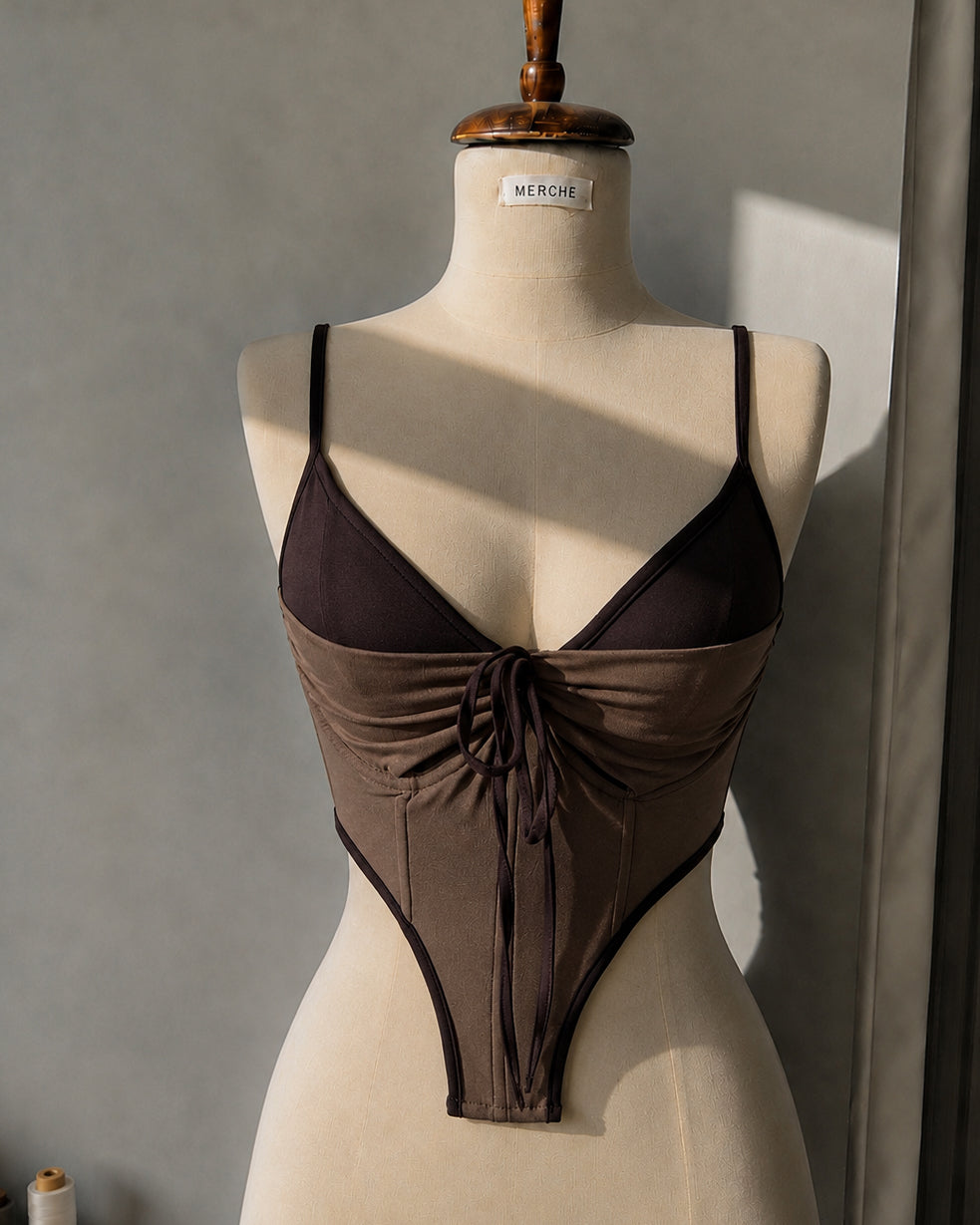 AYE AYE CAPTAIN BONING DETAIL LUXE CORSETED BROWN CAMI TOP