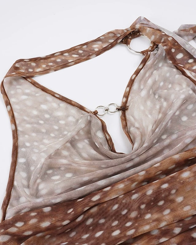LOST AT SEA SHEER MESH DRAPE RING DETAIL HALTERNECK TOP
