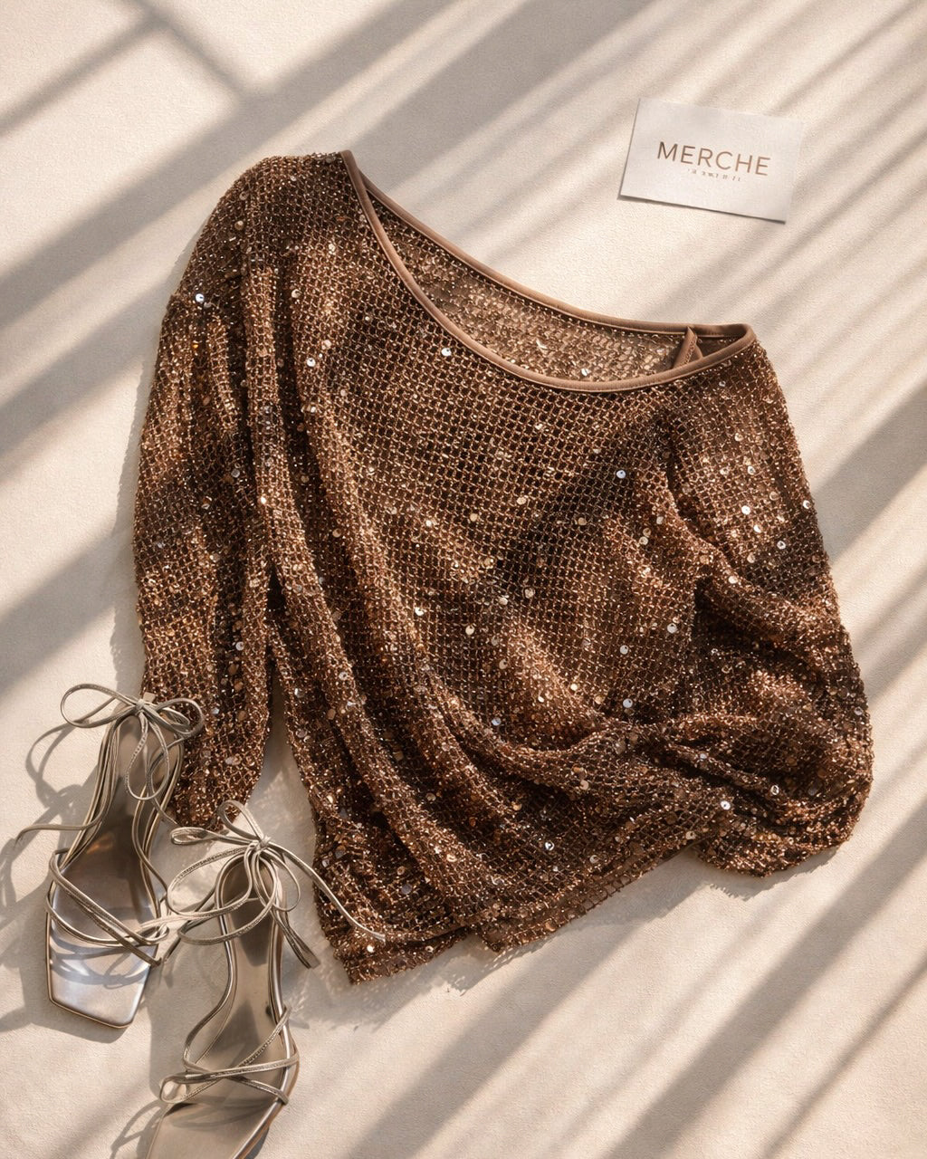 HELLO SERENA LUXE SEQUIN EMBELLISHED KNITTED BROWN TOP
