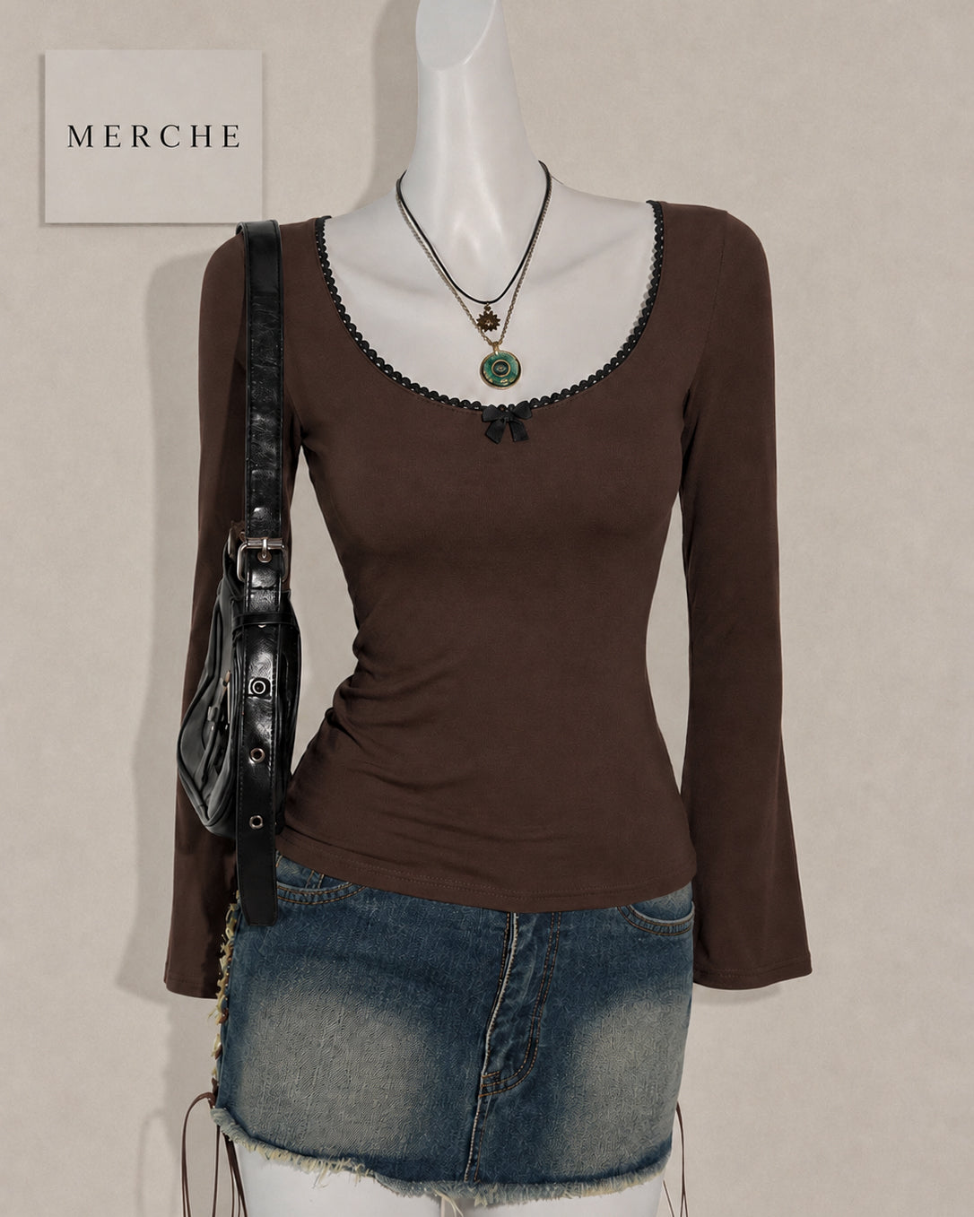 CHERRY COLA LACE TRIM BROWN TOP