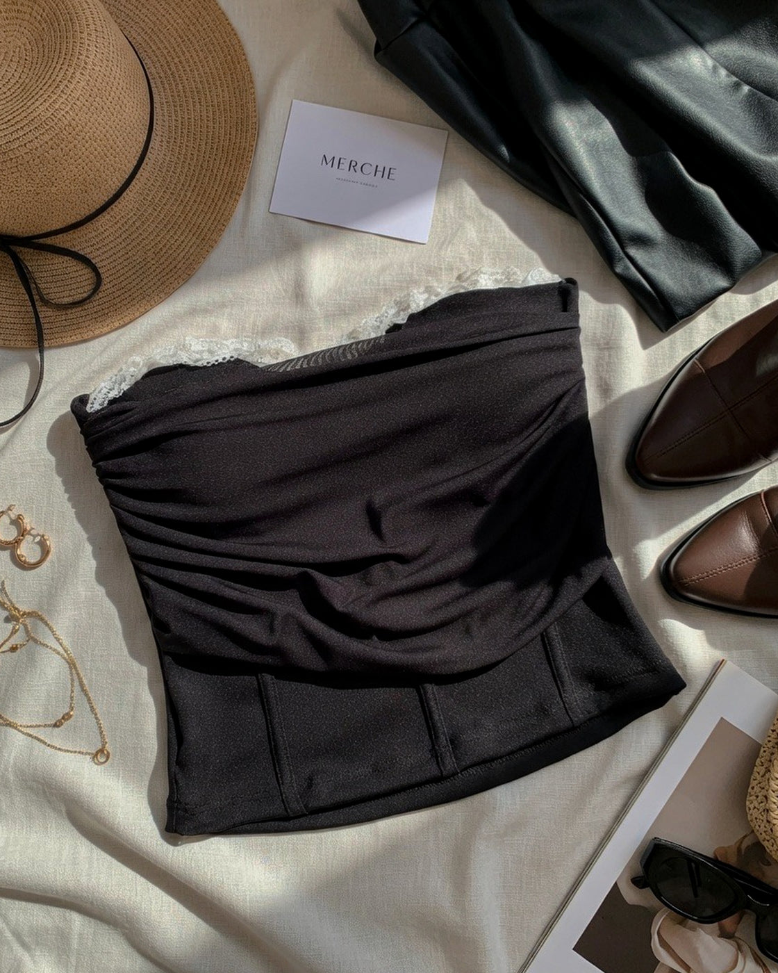 LIKE A STAR PADDED MESH DETAIL BLACK BANDEAU TOP