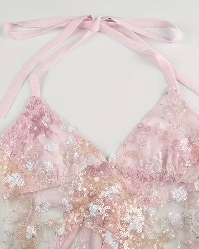 HIGH SCHOOL DRAMA EMBROIDERED HALTERNECK TOP