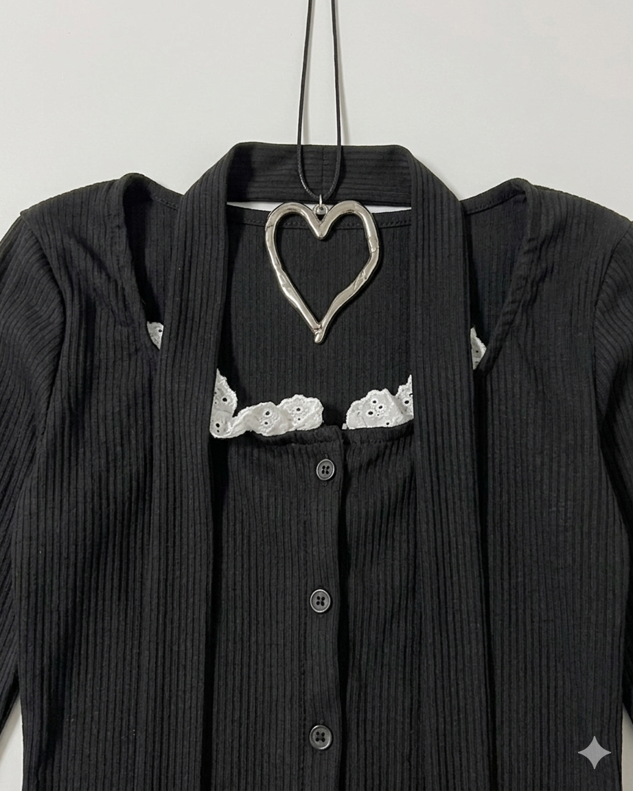 ITALIAN RIVIERA LACE DETAIL BLACK TOP WITH PENCIL SCARF
