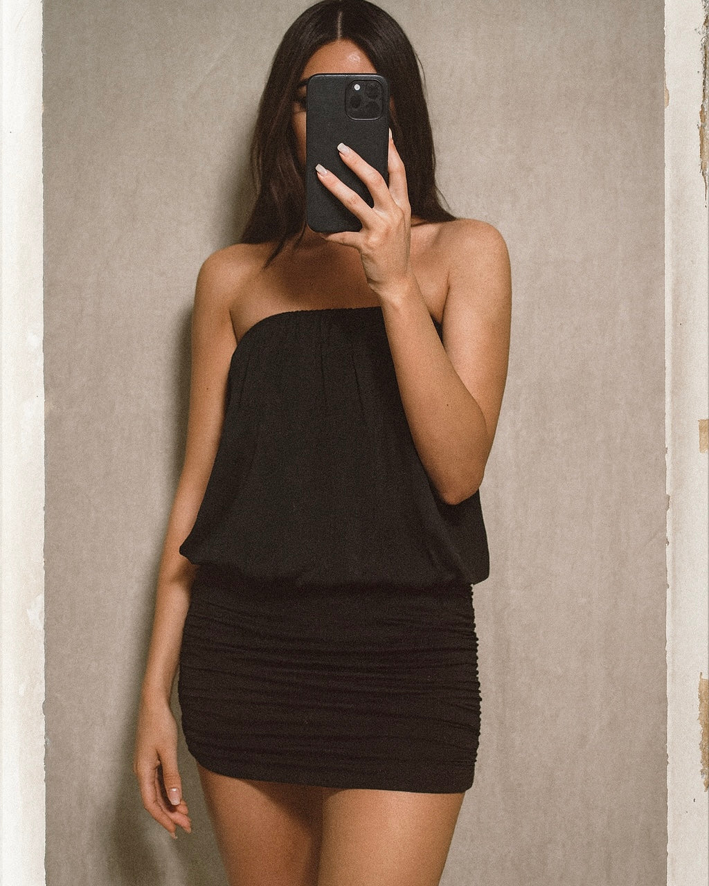 LA GIRL VIBE BLACK DRAPE MINI DRESS